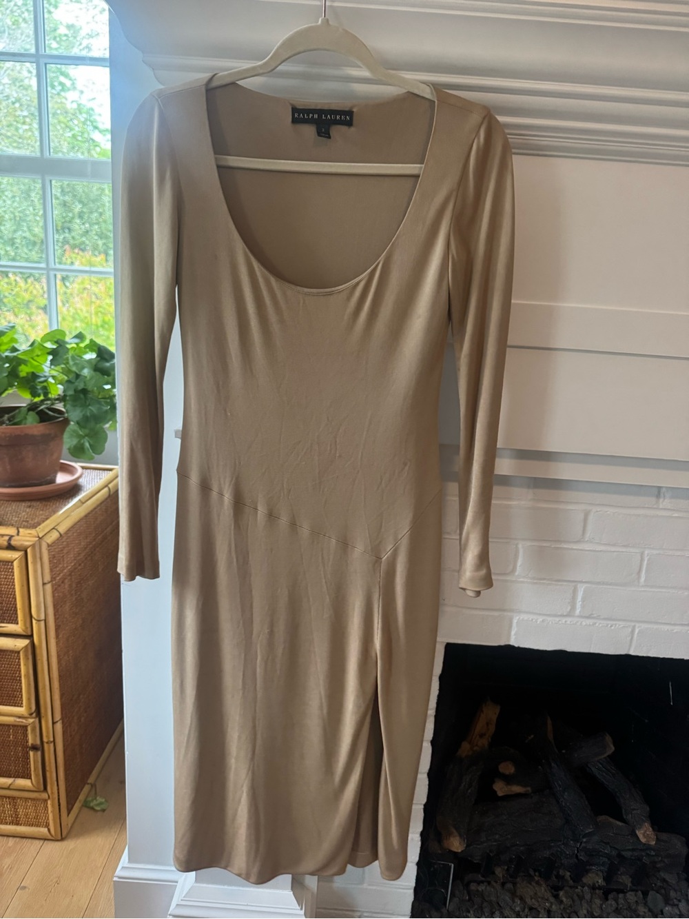 Ralph Lauren Tan Long Sleeve Scoop Neck Midi Dress